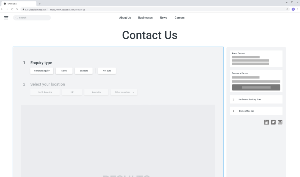 An early example of an iteration of the redesign for the SAI Global contact page.