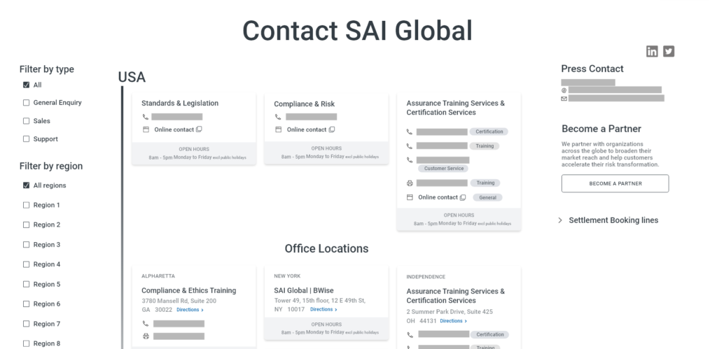 An early example of an iteration of the redesign for the SAI Global contact page.