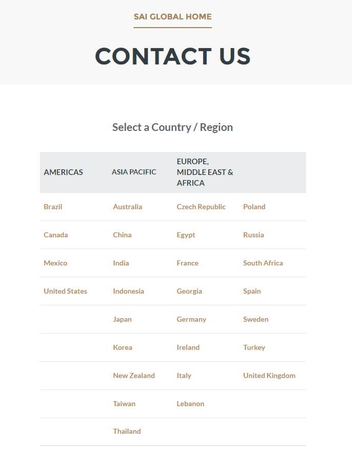 Example of the contact page for SAI Global before redesign