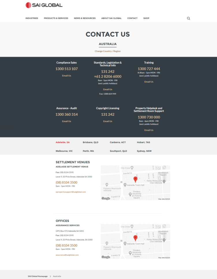 Example of the contact page for SAI Global before redesign